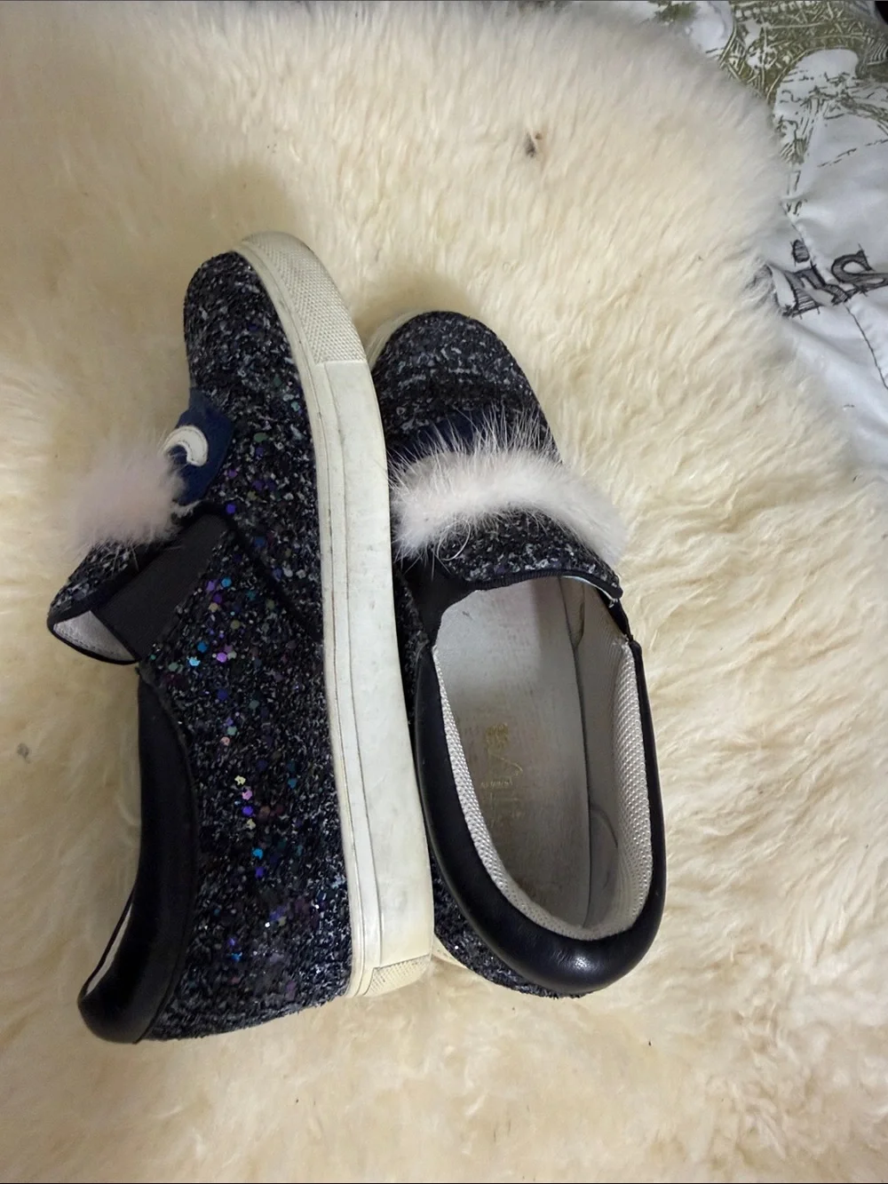 Girls' Glitter Slip-On Sneakers with Pink Faux Fur Trim